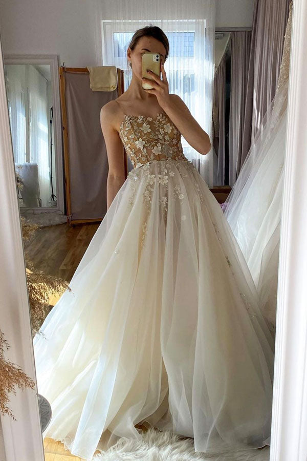 Champagne Tulle Beaded Long Prom Dress A-line Evening Dress