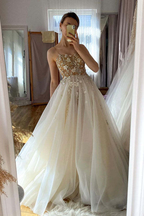 Champagne Tulle Beaded Long Prom Dress A-line Evening Dress