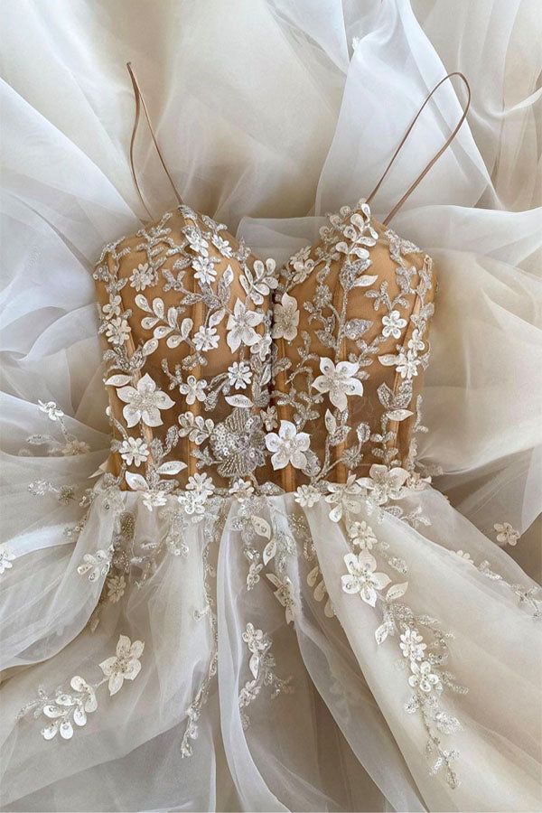 Champagne Tulle Beaded Long Prom Dress A-line Evening Dress