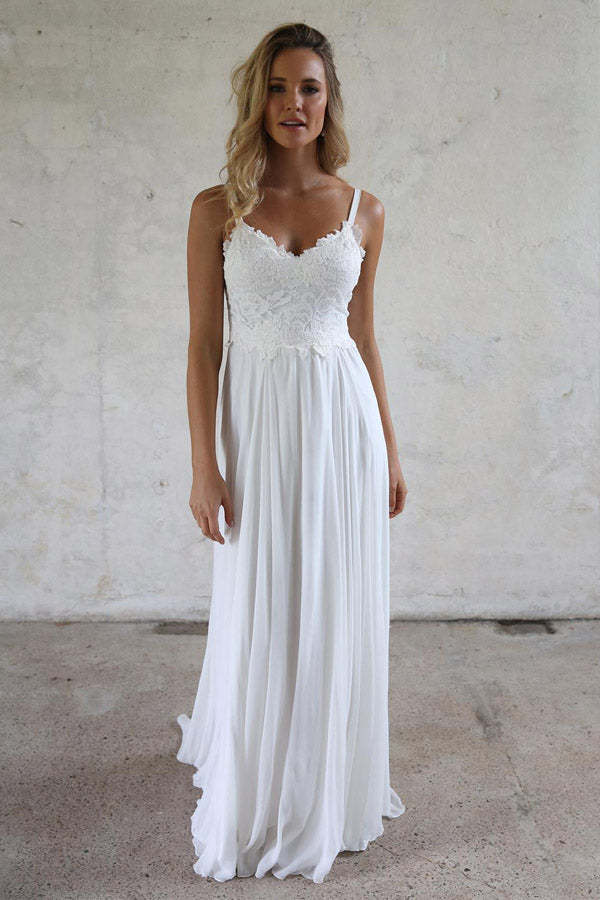 Charming Backless A-line White Chiffon Lace Wedding Dresses