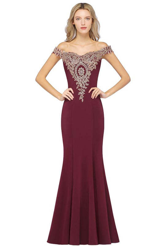 Charming Off-the-Shoulder Mermaid Evening Gown with Gold Appliques Floor Length Party Dress - Burgundy / US 2 - Prom Dresses