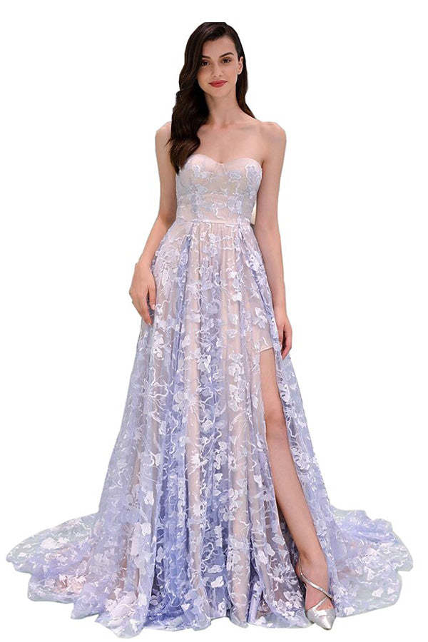 Charming Sweetheart Lilac Lace Appliques Prom Dress Slit Evening Dress