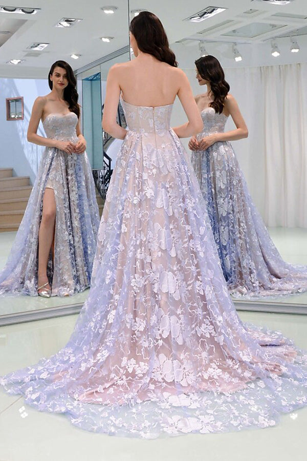 Charming Sweetheart Lilac Lace Appliques Prom Dress Slit Evening Dress