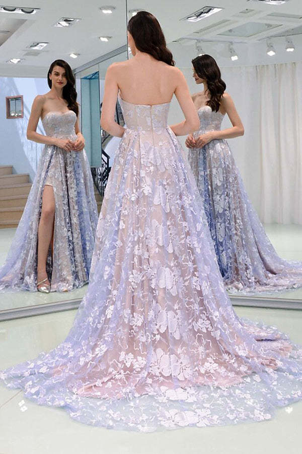 Charming Sweetheart Lilac Lace Appliques Prom Dress Slit Evening Dress