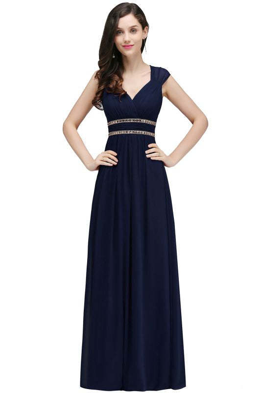 Charming V-Neck Aline Evening Dress with Chains Sleeveless Empire Chiffon Bridesmaid Dress - Navy Blue / US 2 - Prom Dresses