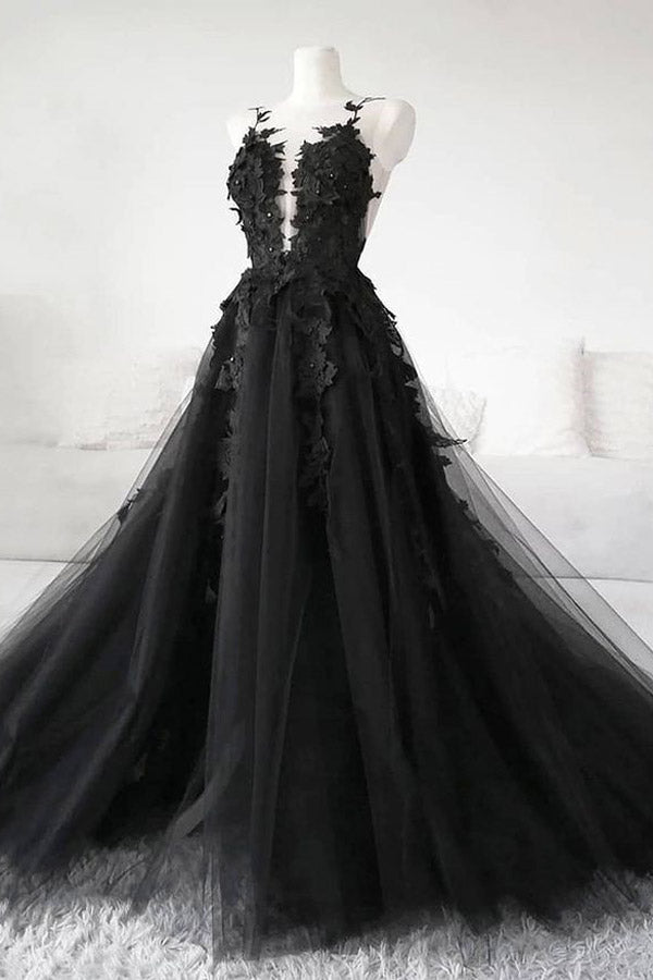 Chic Black Tulle A-line Long Prom Dress With Appliques