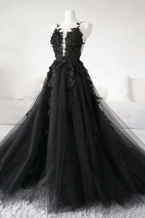 Chic Black Tulle A-line Long Prom Dress With Appliques