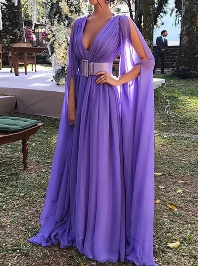 Chic Deep V Neck Chiffon Prom Dress With Belt