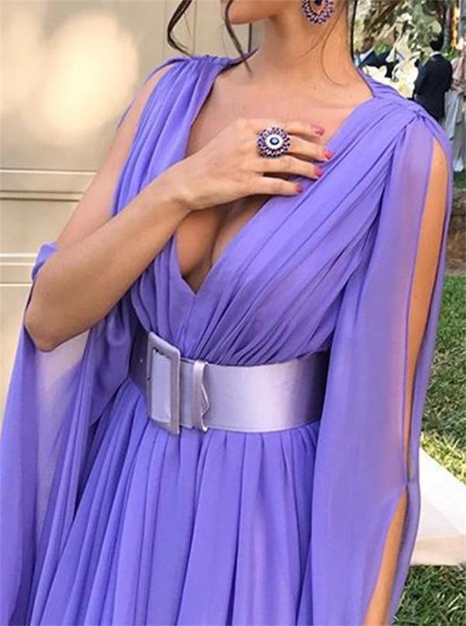 Chic Deep V Neck Chiffon Prom Dress With Belt