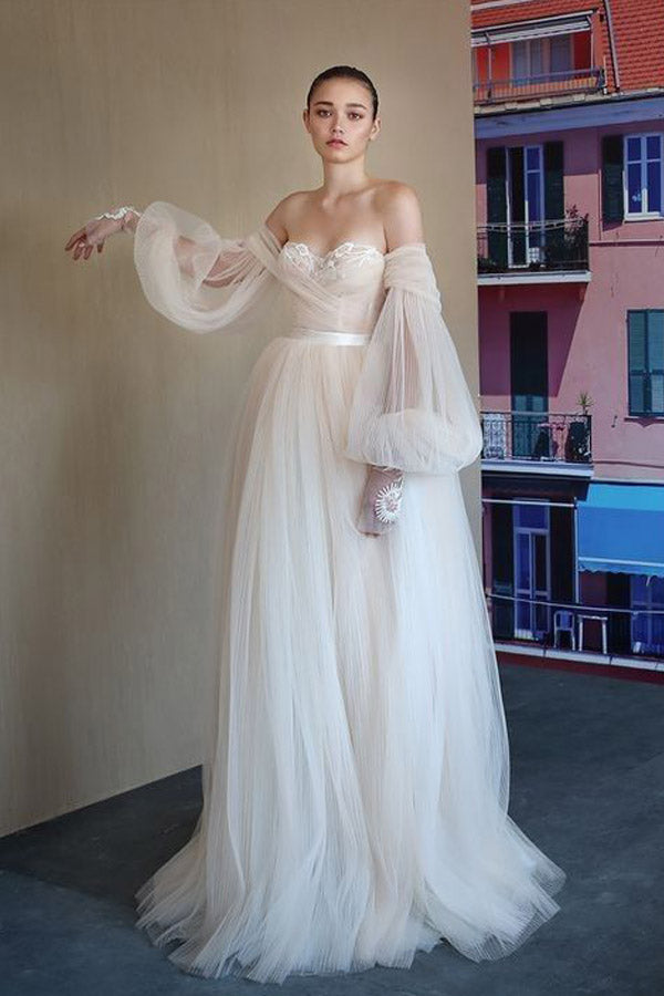 Chic Flowy Long Sleeve Ivory Wedding Dress Strapless Bridal Dress