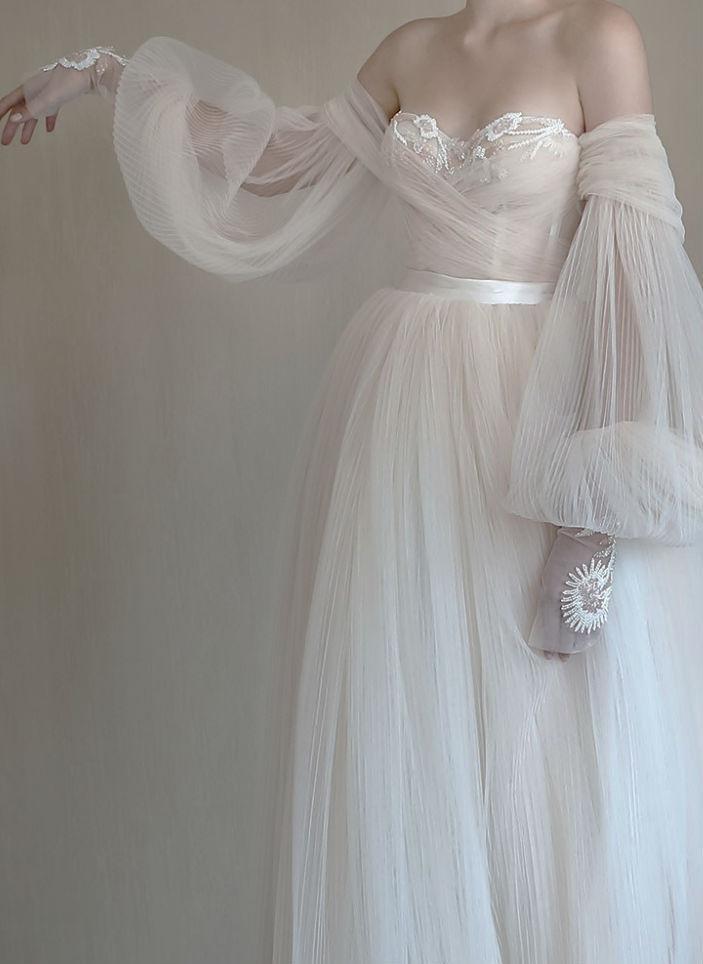 Chic Flowy Long Sleeve Ivory Wedding Dress Strapless Bridal Dress