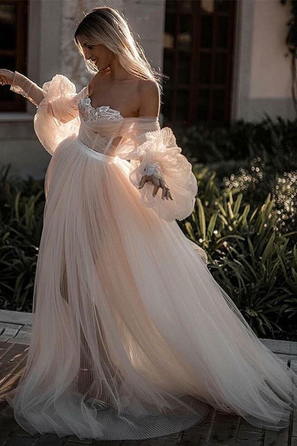 Chic Flowy Long Sleeve Ivory Wedding Dress Strapless Bridal Dress