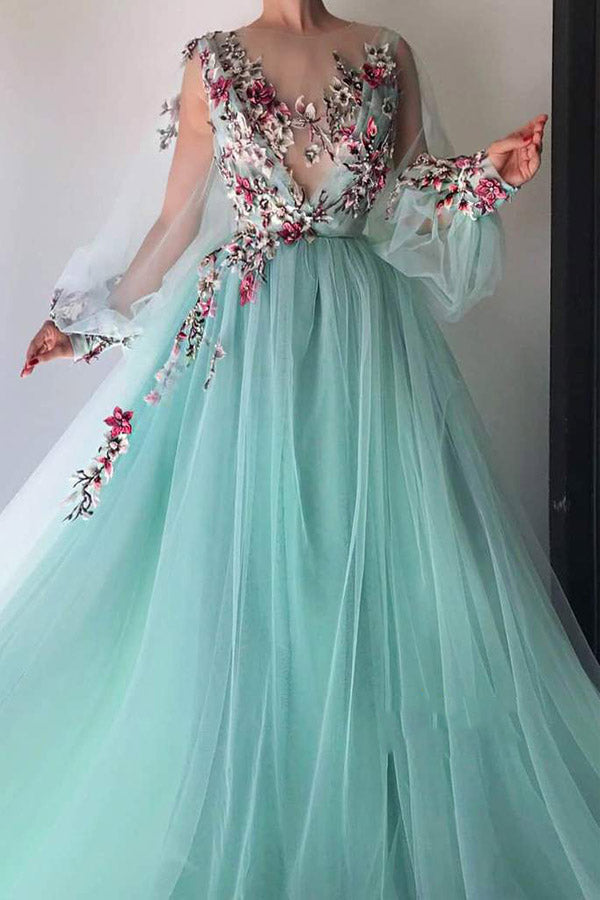 Chic Long Sleeve Illusion Neck Prom Dress With Appliques