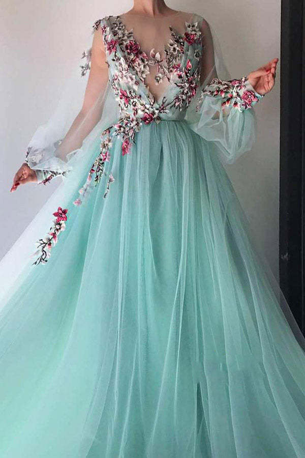 Chic Long Sleeve Illusion Neck Prom Dress With Appliques