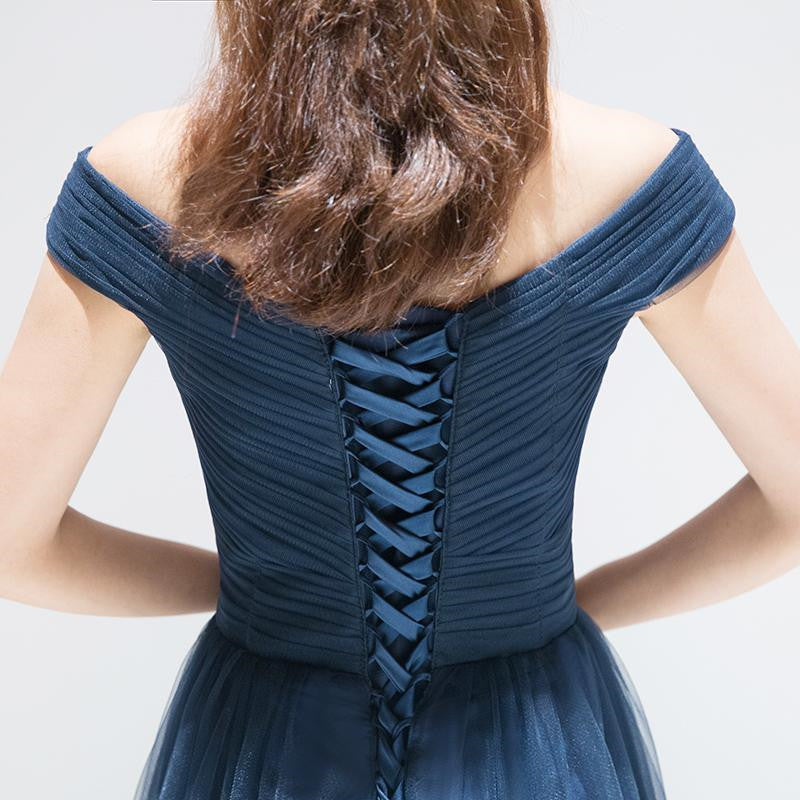 Custom Made Off Shoulder Tulle Navy Blue Long Prom Dresses, Navy Blue Formal Dresses, Evening Dresses