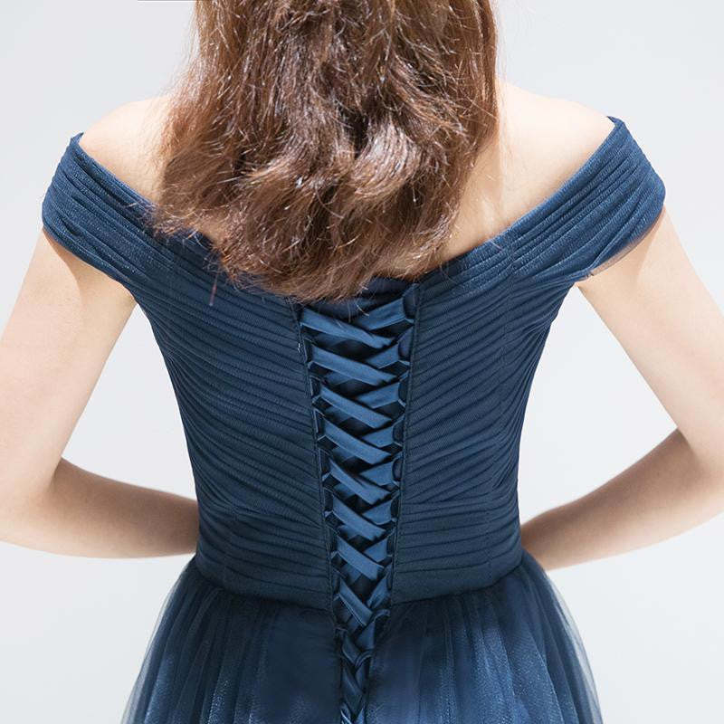 Custom Made Off Shoulder Tulle Navy Blue Long Prom Dresses, Navy Blue Formal Dresses, Evening Dresses