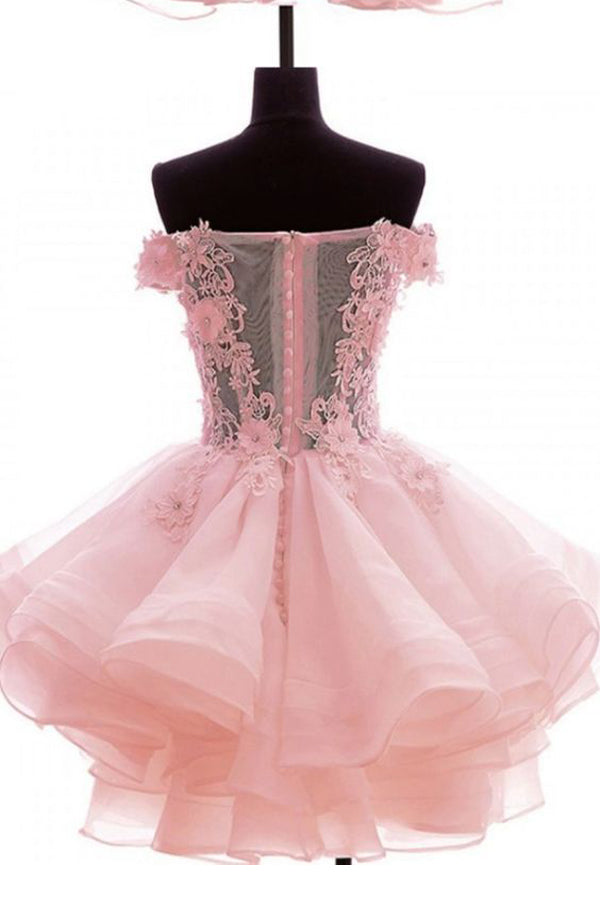 Cute Off The Shoulder Homecoming Dress Lace Appliques Short Prom Dress
