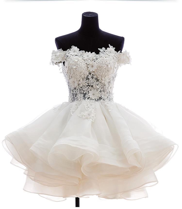 Cute Off The Shoulder Homecoming Dress Lace Appliques Short Prom Dress