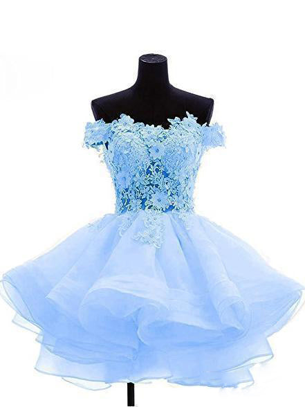 Cute Off The Shoulder Homecoming Dress Lace Appliques Short Prom Dress