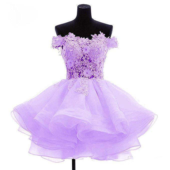 Cute Off The Shoulder Homecoming Dress Lace Appliques Short Prom Dress