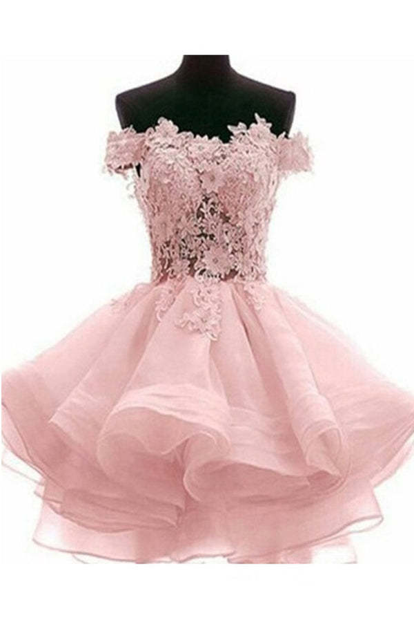Cute Off The Shoulder Homecoming Dress Lace Appliques Short Prom Dress