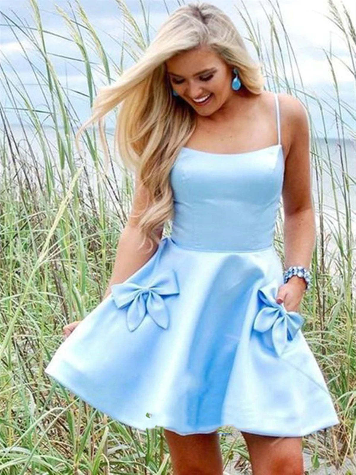 Cute Short Light Blue Satin Prom Homecoming Dresses with Pocket, Light Blue Formal Graduation Evening Dresses