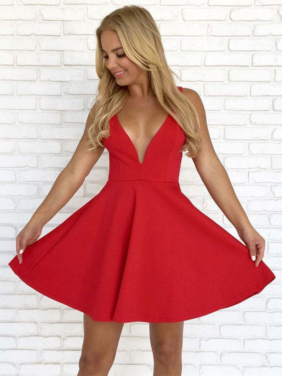 Cute V Neck Backless White/Red Short Prom Dresses, Backless White/Red Homecoming Dresses, White/Red Graduation Formal Evening Dresses