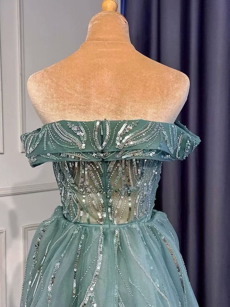 Stunning Sky Blue Off-the-Shoulder Backless A-Line Evening Dress with Split