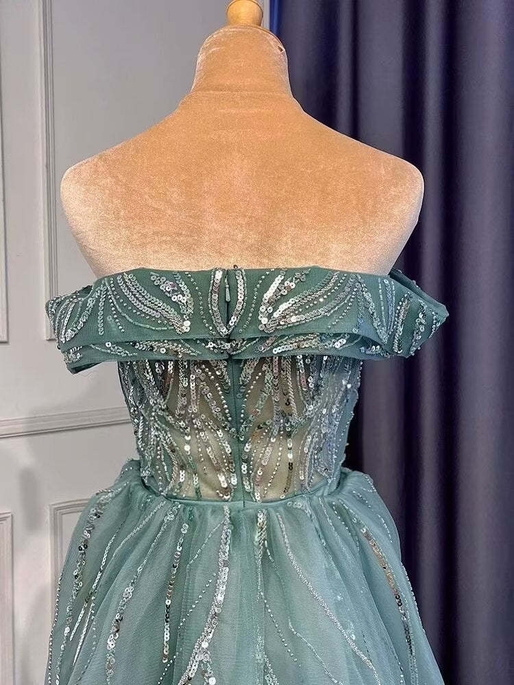 Stunning Sky Blue Off-the-Shoulder Backless A-Line Evening Dress with Split
