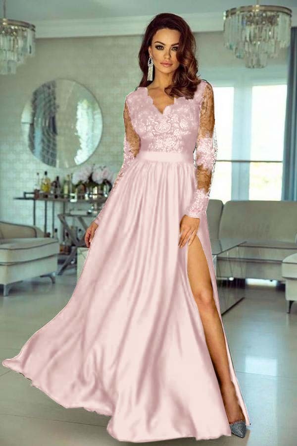Charming V Neck Long Sleeves Lace A Line Long Prom Dress With Side Split