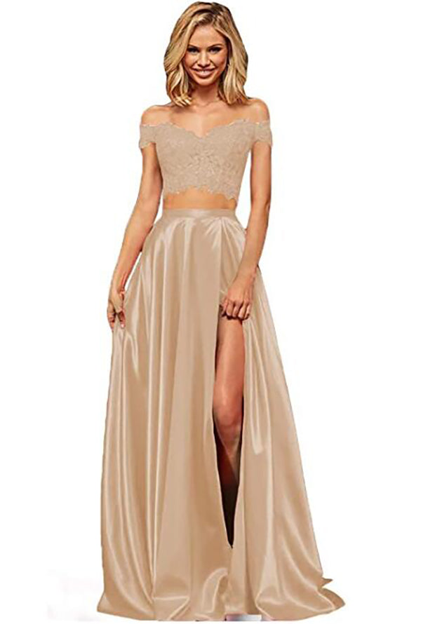 Off-the-Shoulder Two Pieces Prom Dress with Appliques and Slit