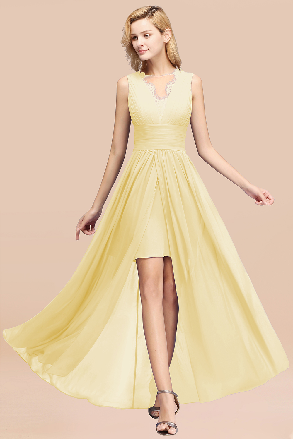 27prom Elegant Chiffon Lace Jewel Sleeveless Bridesmaid Dress with Ruffle-27prom