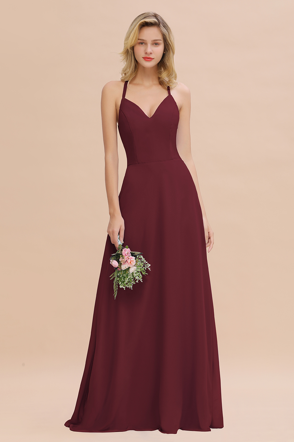 27prom Modest Halter V-Neck Sleeveless Long Bridesmaid Dresses Online-27prom