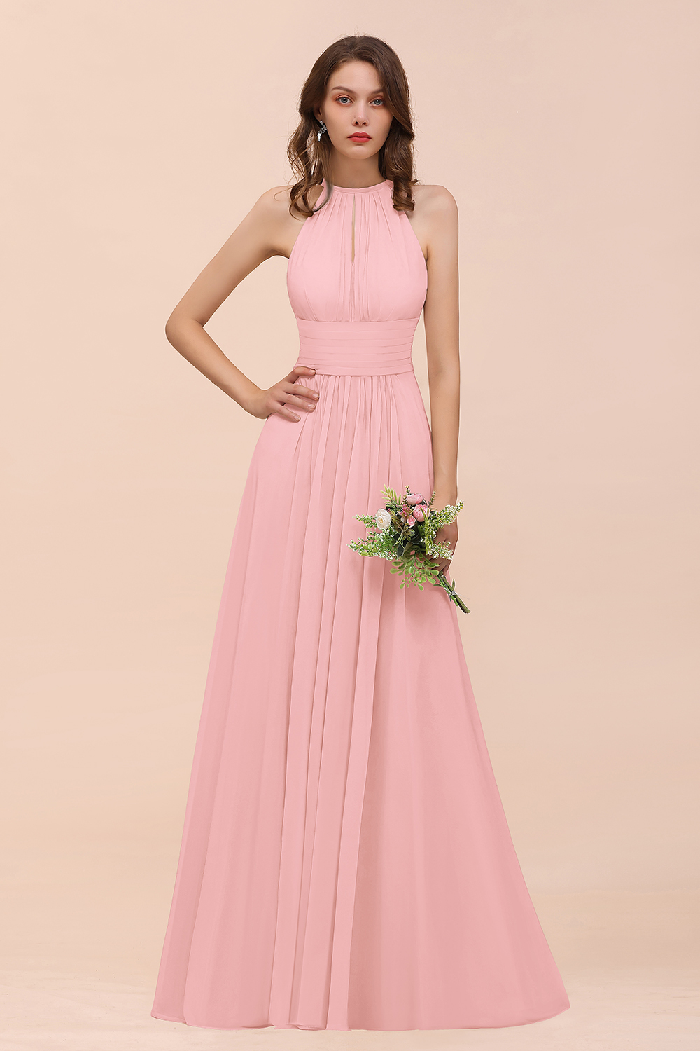27prom Elegant Chiffon Jewel Ruffle Champagne Affordable Bridesmaid Dress Online-27prom