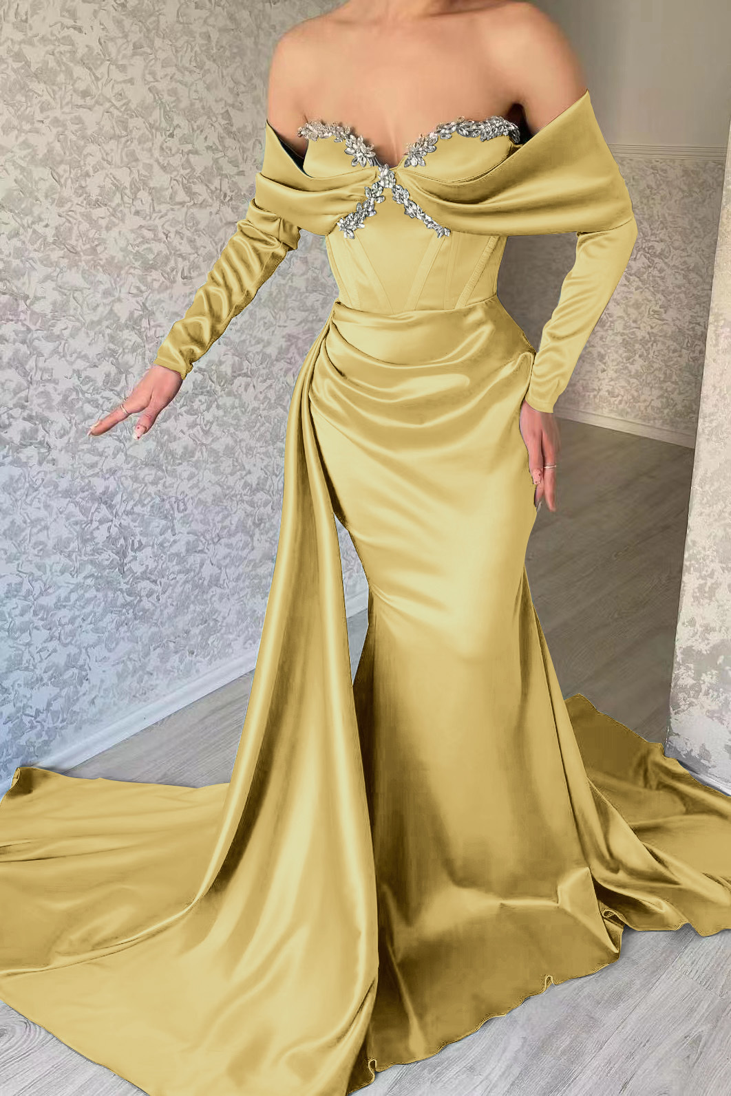 Gorgeous Sweetheart Portrait Long Sleeves Mermaid Prom Dress With Rhinstone Ruffles