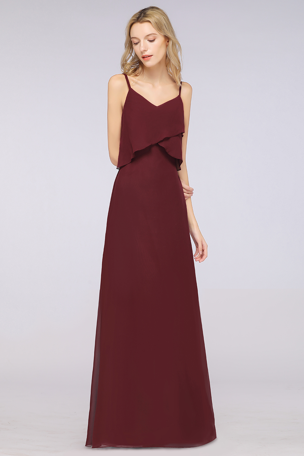 27prom Affordable Spaghetti-Straps V-Neck Burgundy Chiffon Bridesmaid Dresses-27prom
