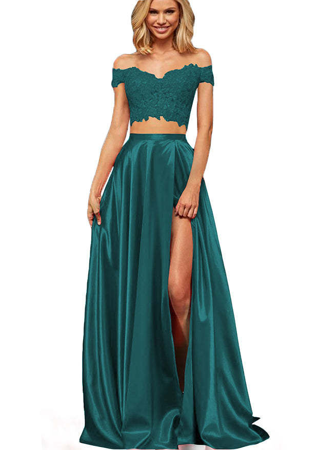 Off-the-Shoulder Two Pieces Prom Dress with Appliques and Slit