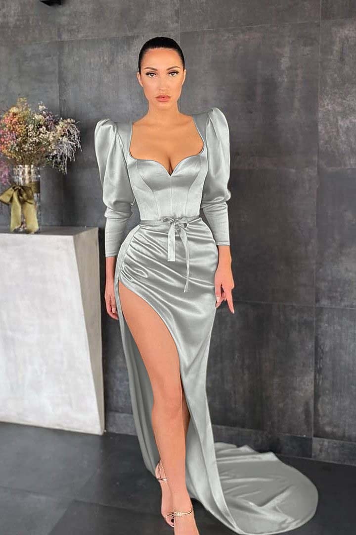 Glamorous Dusty Sage Long Sleeves Pleated Long Prom Dress Split With Belt