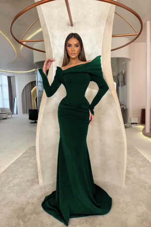 Off the Shoulder Long Sleeves Long Mermaid Prom Dress With Pleated