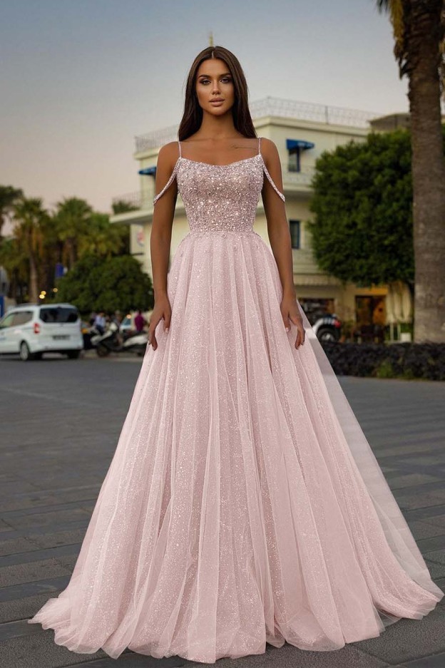 Tulle Spaghetti Strap Sleeveless A Line Long Prom Dress With Sequins Beads