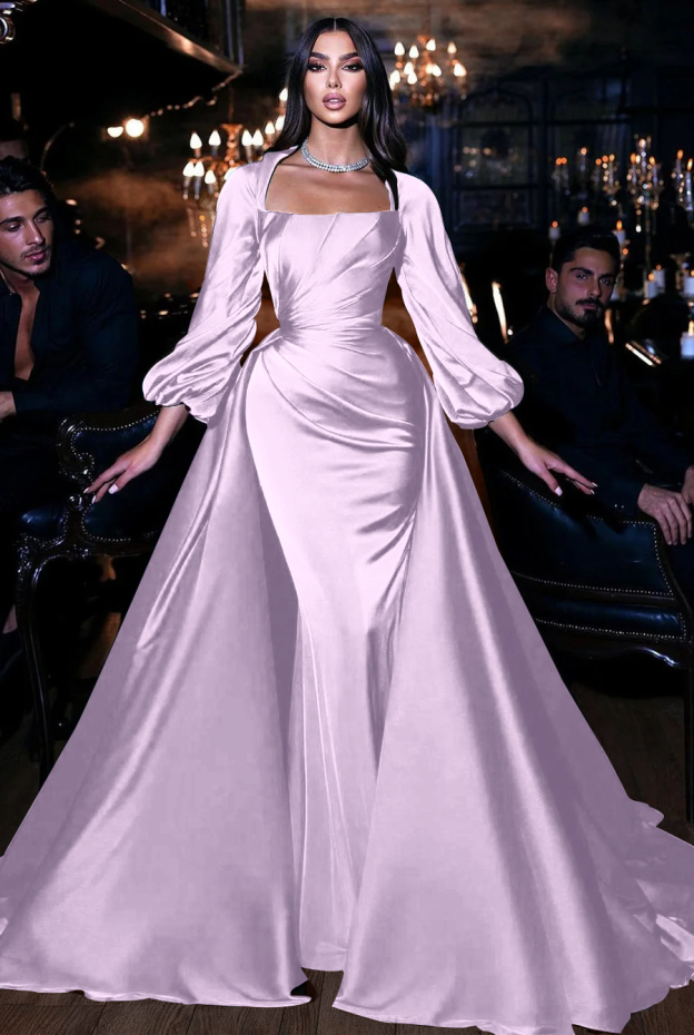 Square Emerald Long Sleeves Pleated Long Mermaid Prom Dress With Ruffles