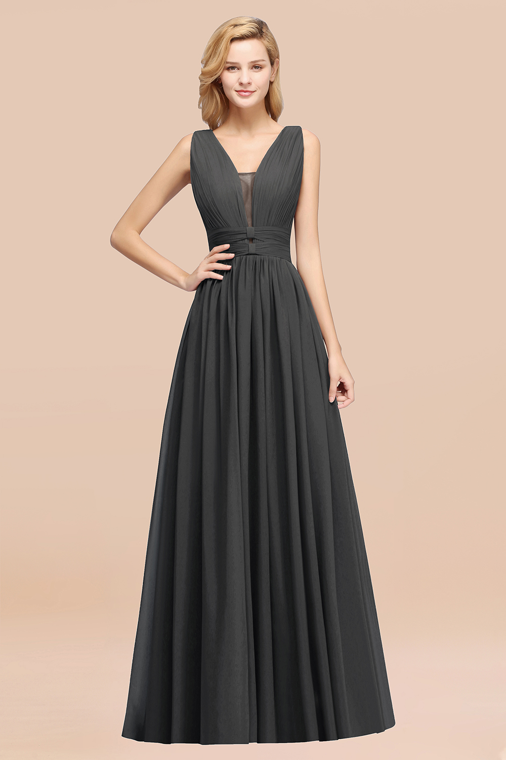 27prom Modest Dark Green Long Bridesmaid Dress Deep V-Neck Chiffon Maid of Honor Dress-27prom