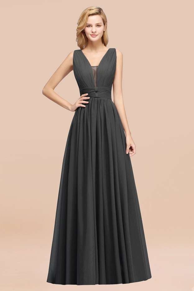 27prom Modest Dark Green Long Bridesmaid Dress Deep V-Neck Chiffon Maid of Honor Dress-27prom