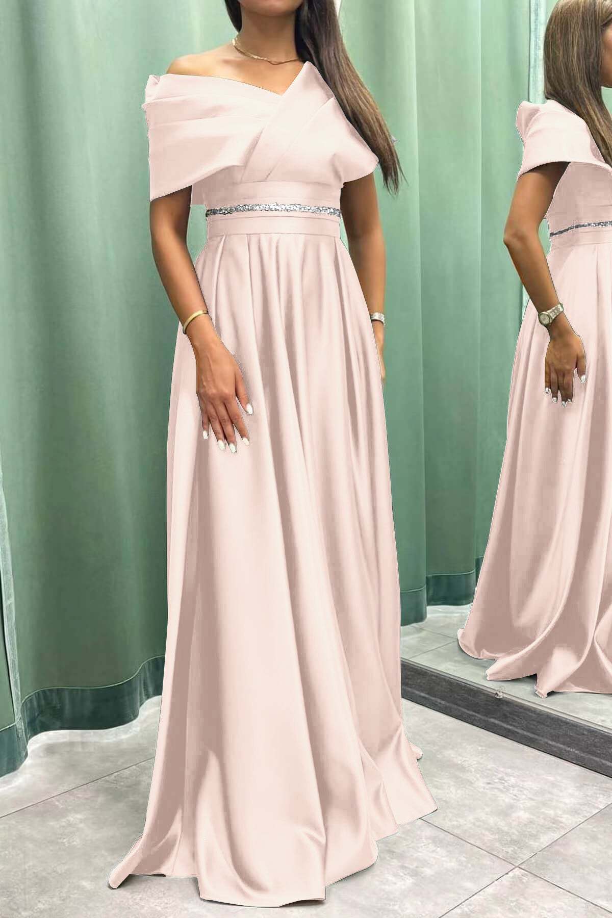 Elegant Off-the-Shoulder Long Evening Dress Pleated and On Sale