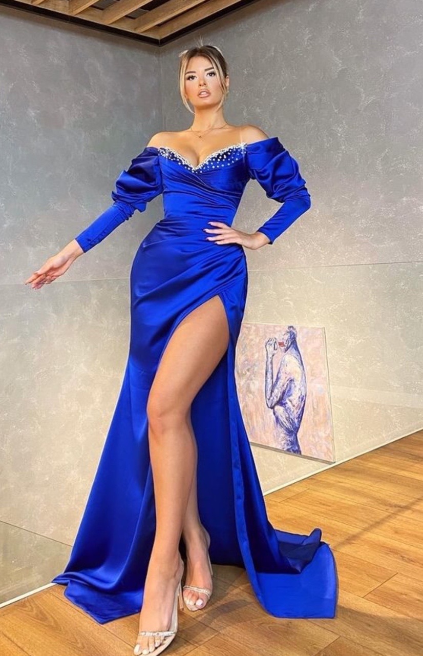Off the Shoulder Mermaid Royal Blue Long Sleeves Prom Dress Beading