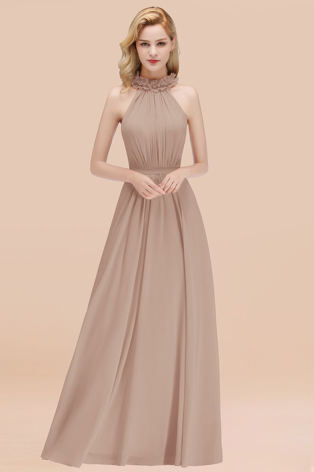 27prom Modest High-Neck Halter Ruffle Chiffon Bridesmaid Dresses Affordable-27prom