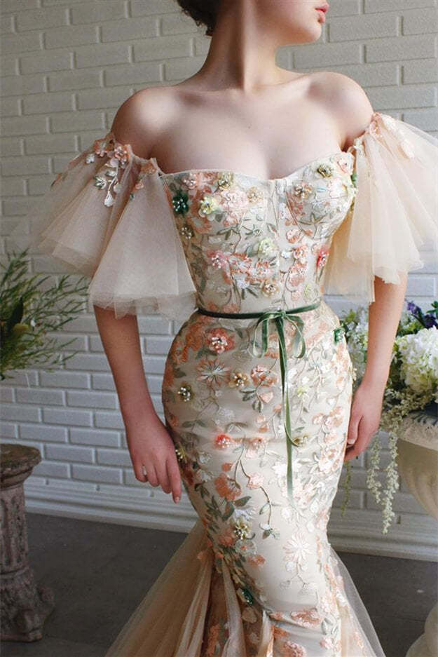 Off-The-Shoulder Mermaid Strapless Flowers Evening Dress Beadings with Appliques