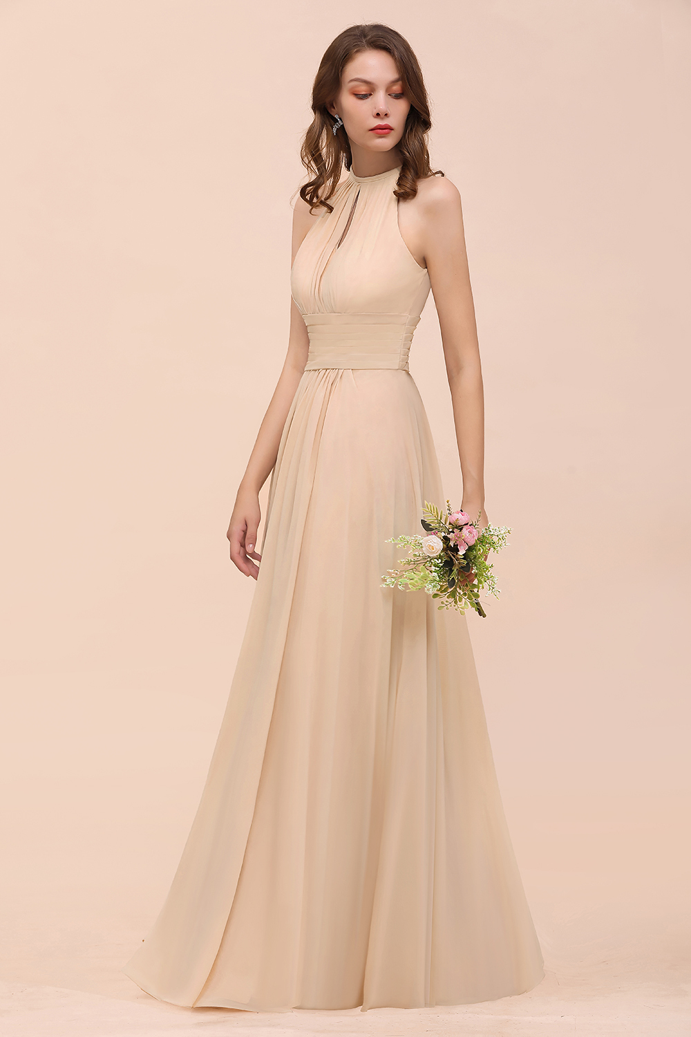 27prom Elegant Chiffon Jewel Ruffle Champagne Affordable Bridesmaid Dress Online-27prom