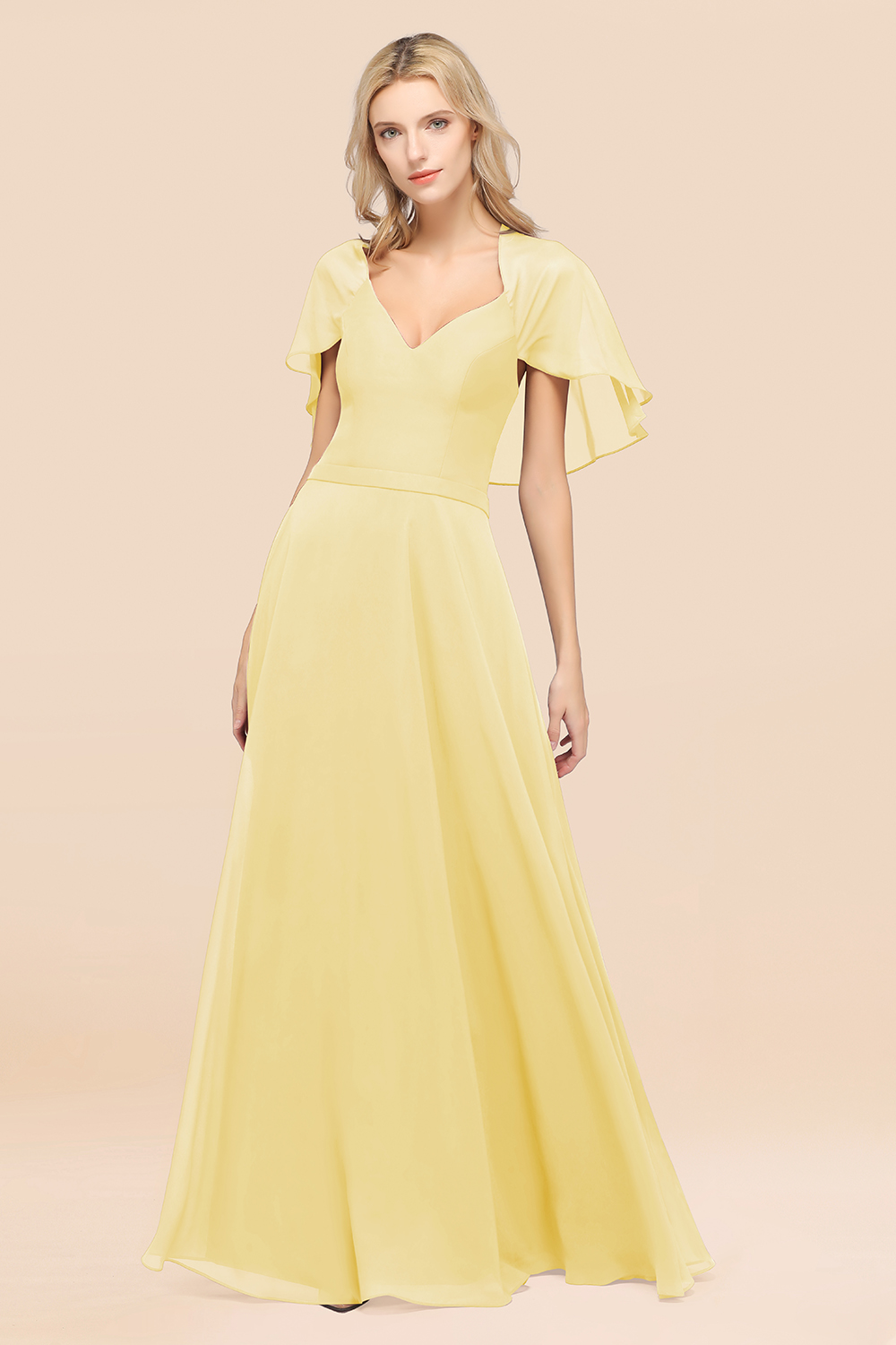 27prom Chic Satin V-Neck Long Burgundy Chiffon Bridesmaid Dress with Flutter Sleeve-27prom
