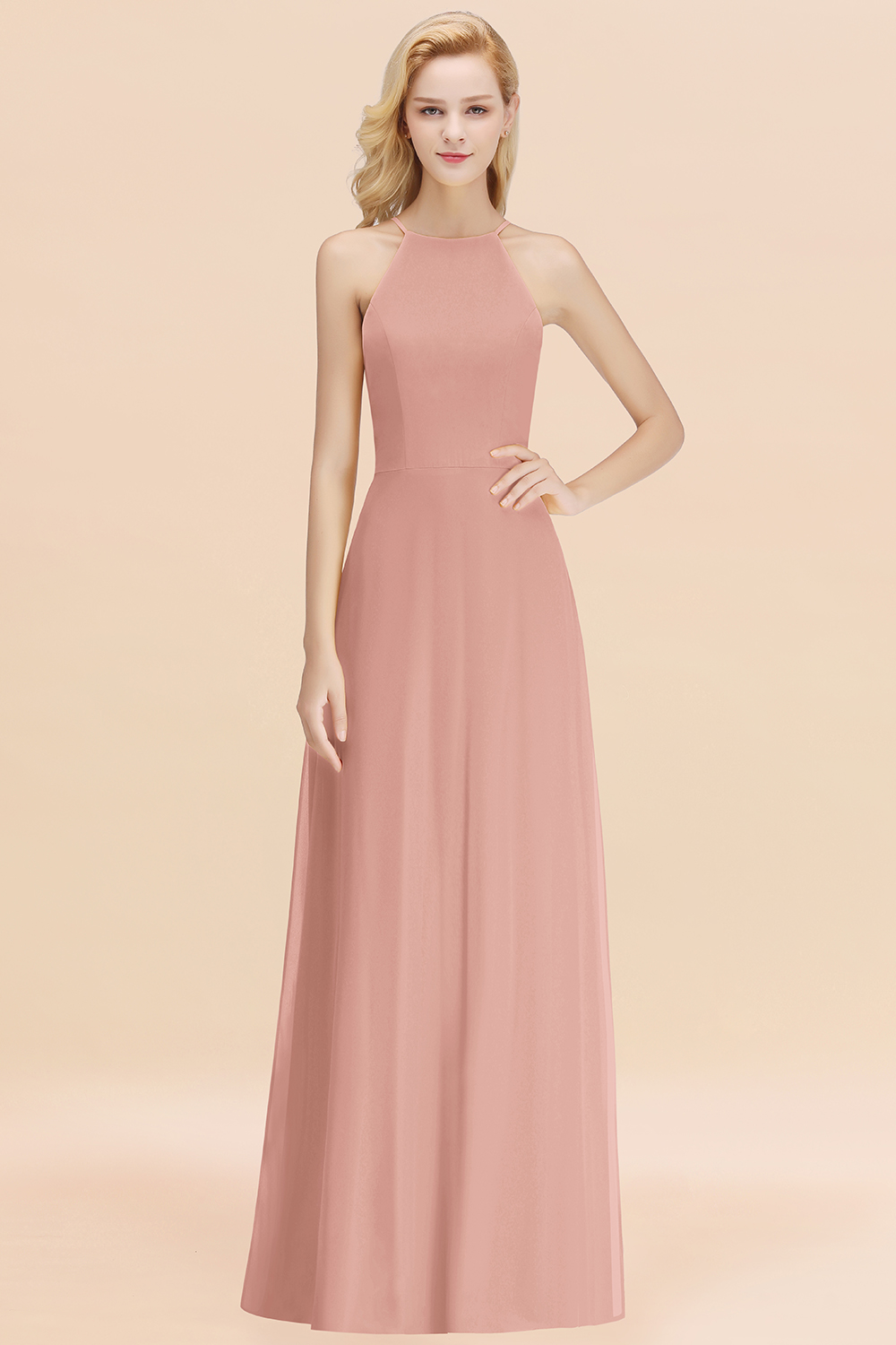 27prom Modest High-Neck Yellow Chiffon Affordable Bridesmaid Dresses Online-27prom